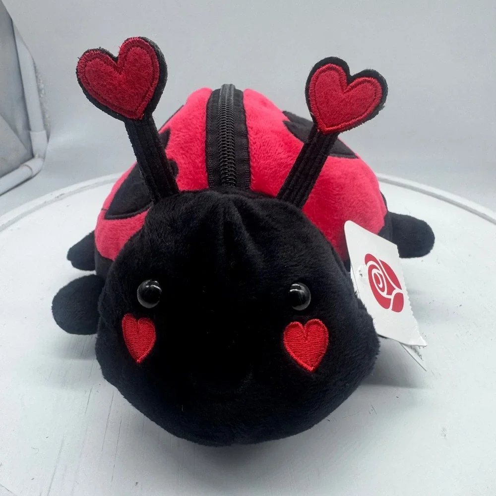 American Greetings Plush Ladybug Heart Zip Pouch Red Black 8